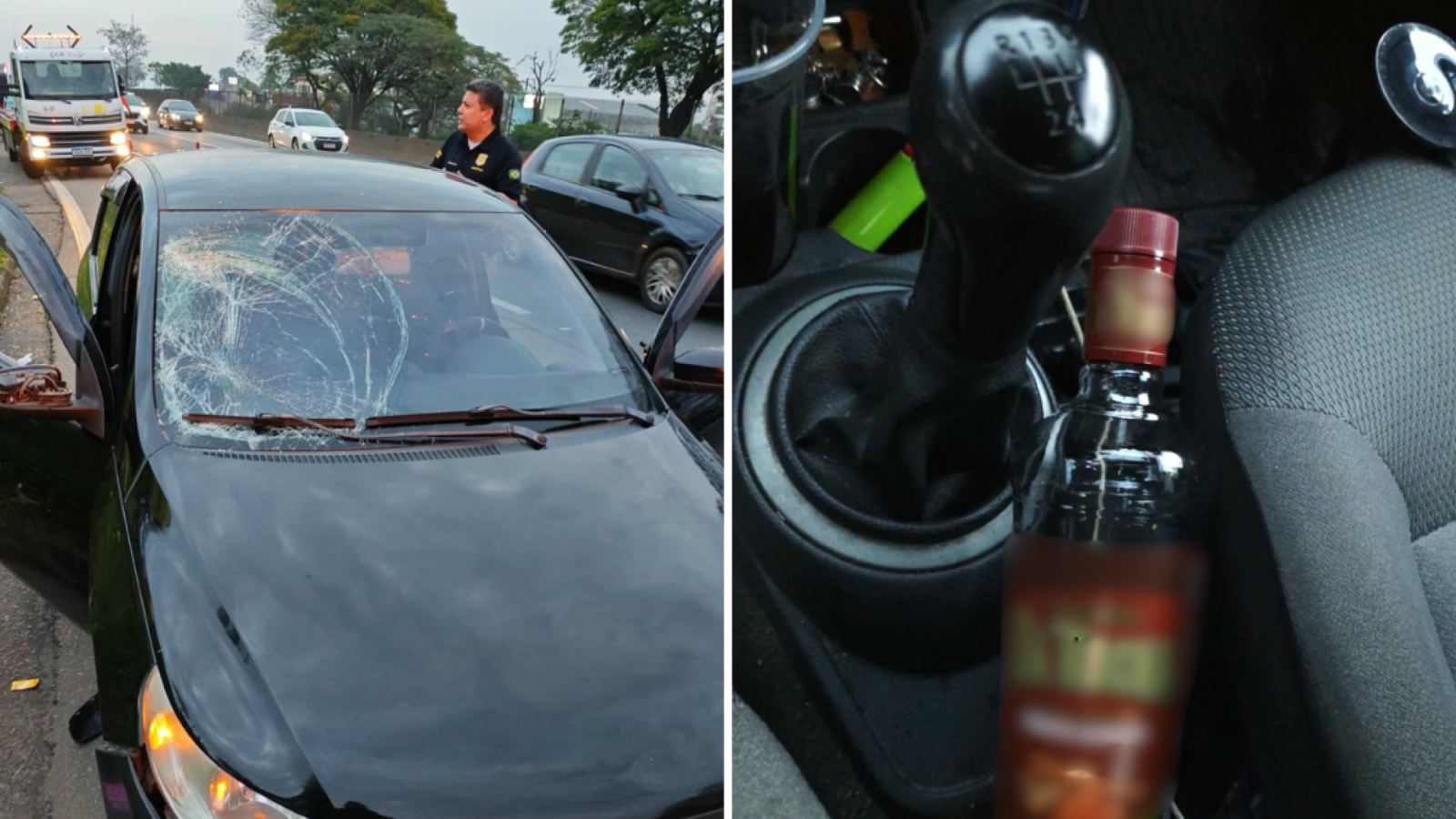 Foram encontrados uma garrafa de bebida alcóolica parcialmente consumida e um copo.  • Divulgação/PRF