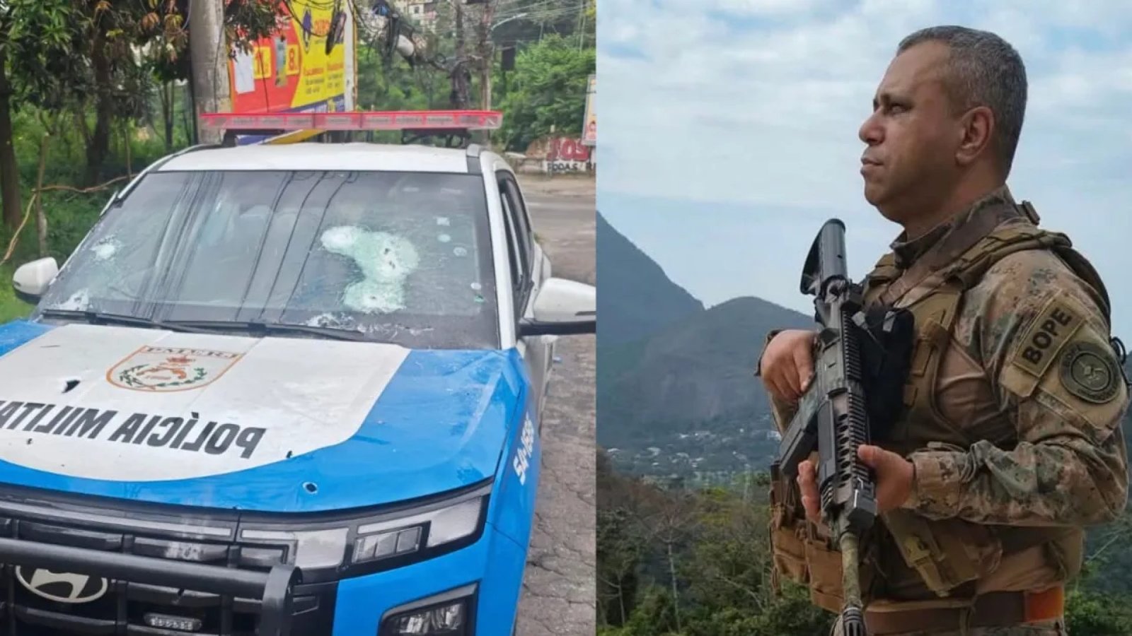 Viatura policial foi alvejada durante o confronto entre equipes da PM na Gardênia Azul, na Zona Sudoeste do Rio. O subtenente Gláucio Marcelo, do Bope, morreu após ser baleado na ocorrência.  • Reprodução - Redes Sociais