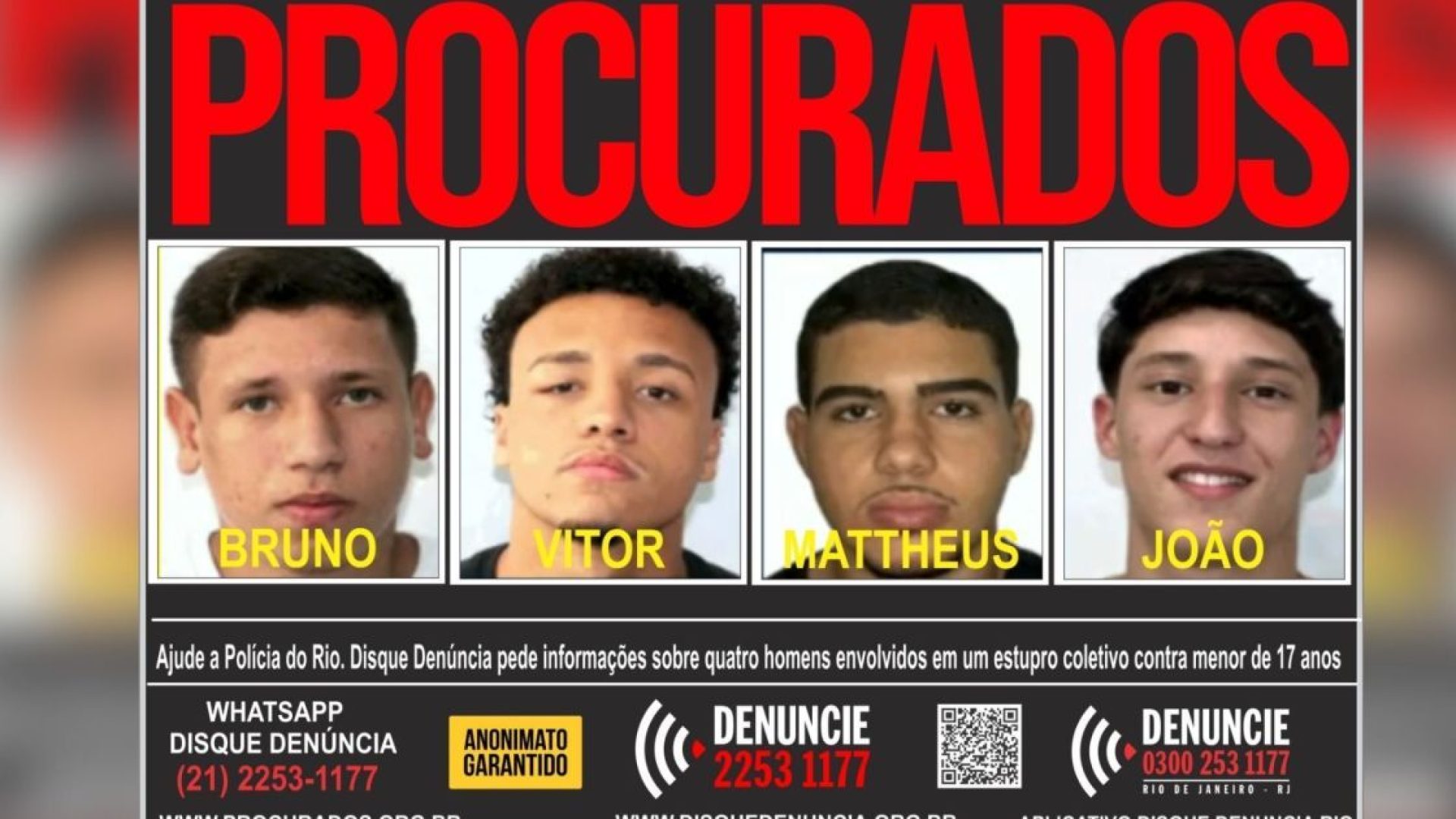 Polícia Civil do RJ investiga participação de quatro jovens e um adolescente em um estupro coletivo em Copacabana (RJ)  • Divulgação/Procurados RJ