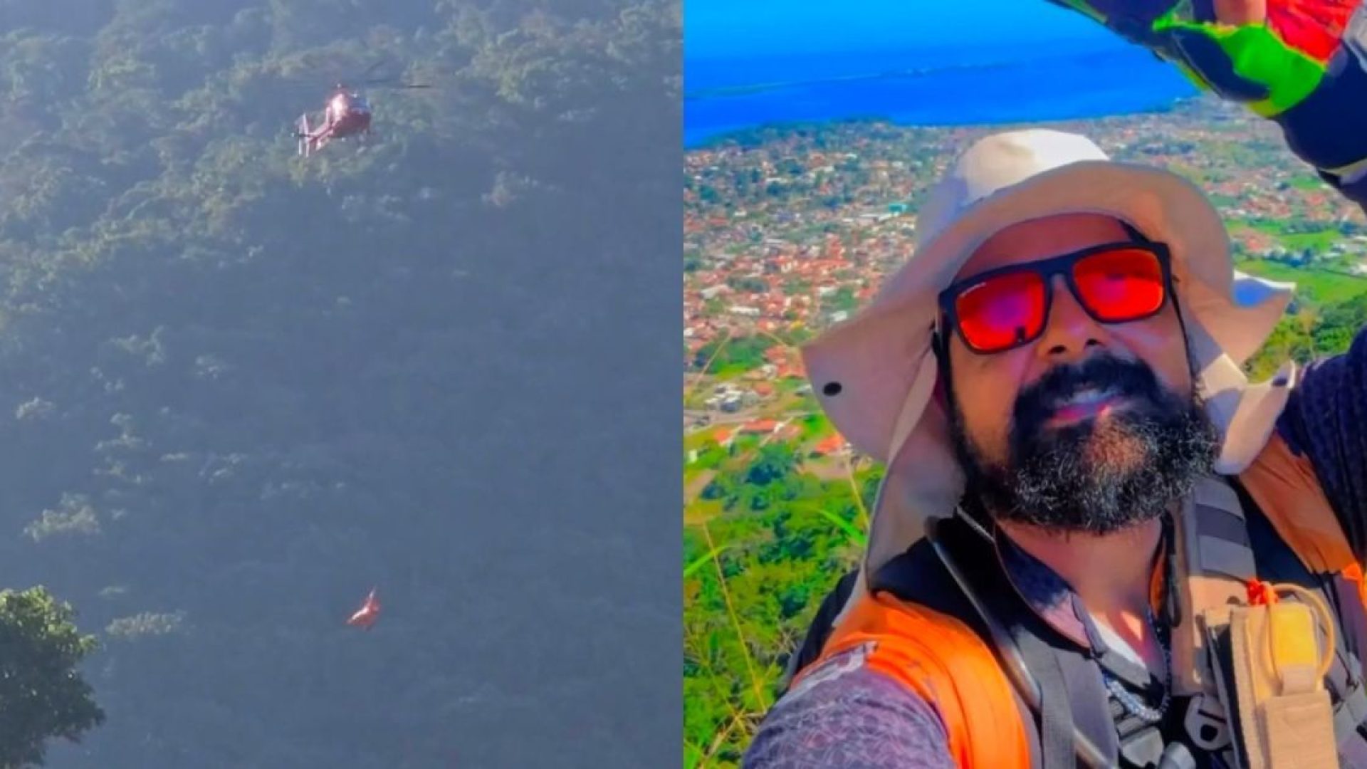 À direita, Caio Arrabal, de 44 anos, conhecido como Rocha. À esquerda, equipes do Corpo de Bombeiros durante a operação de resgate na Pedra do Macaco, em Maricá, após o acidente ocorrido durante uma trilha neste domingo (28).  • Reprodução - Redes Sociais